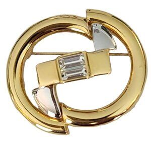 Courreges Gold Silver Tone Oval Baguette Rhinestone Open Brooch Signed, M875